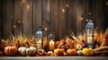 Wooden Table With Lantern And Candles Decorated With Pumpkins, C