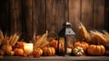 Wooden Table With Lantern And Candles Decorated With Pumpkins, C