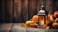 Wooden Table With Lantern And Candles Decorated With Pumpkins Royalty Free Stock Photo