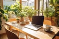 wooden table with laptop computer, modern workplace in bright scandinavian interior, plants in pots, created with Generative AI Royalty Free Stock Photo