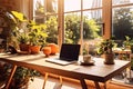 wooden table with laptop computer, modern workplace in bright scandinavian interior, plants in pots, created with Generative AI Royalty Free Stock Photo