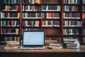 Wooden table, laptop mockup, blurred school library background Royalty Free Stock Photo