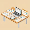 Wooden table with a laptop, a tablet, and multiple documents featuring graphs and Royalty Free Stock Photo