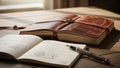 Table with a leather bound journal and a notebook illuminated Royalty Free Stock Photo
