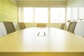 Wooden table in meeting room with sound absorber sunlight from window