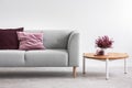 Wooden table next to grey settee with purple pillows in grey apartment interior. Real photo