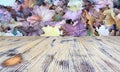 Wooden Table With Orange Leaves And Blurred Autumn Background Royalty Free Stock Photo