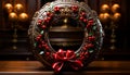 Wooden table with ornate, shiny, antique Christmas decorations generated by AI