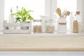 Wooden table over blurred kitchen window sill for product display Royalty Free Stock Photo