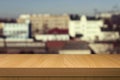 Wooden table over outdoor city blur background