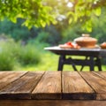 Wooden Table With Picnic Table in Background. Generative AI Royalty Free Stock Photo