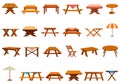 Wooden table picnic icons set cartoon vector. Empty garden