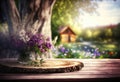 Wooden table place for an object in the garden with flowers. Royalty Free Stock Photo