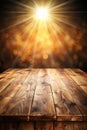 Image of a wooden table on an abstract dark background with a light in the center Royalty Free Stock Photo