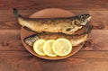 On the wooden table is a plate with two baked fish trout Royalty Free Stock Photo