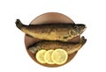 On the wooden table is a plate with two baked fish Royalty Free Stock Photo