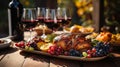 Wooden table with plates of grapes, cheese, other hors d\'oeuvres and several glasses of wine - generative AI