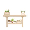 Wooden table with potted plants, flowers, florist shop, orangery decoration in cartoon style isolated on white