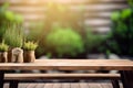 Wooden table for product display with seasonal herbs, generative AI