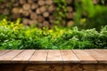 Wooden table for product display with seasonal herbs, generative AI