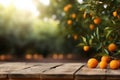 Wooden table for product and merchandise display and orange trees in the background. Generative AI