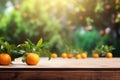 Wooden table for product and merchandise display and orange trees in the background. Generative AI