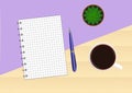 Wooden table with a purple background with a notebook, pen, cup of coffee and cactus. Top view. Royalty Free Stock Photo