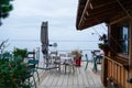 Wooden table restaurant beach in oyster village herbe in cap ferret Arcachon France Royalty Free Stock Photo