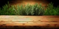 Wooden Table with Rosemary Herb Background for Display, Generative AI Royalty Free Stock Photo