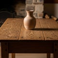 A wooden table with a rustic look features a simple, unadorned ceramic vase at its Royalty Free Stock Photo