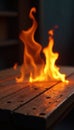 Wooden table s edge engulfed in dramatic fire flames , dark, display, edge Royalty Free Stock Photo