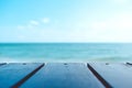 Wooden table with the sea and blue sky Royalty Free Stock Photo