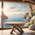 Wooden table and sea view at sunset. 3D Rendering