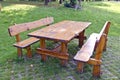Wooden table and seats in summer park Royalty Free Stock Photo