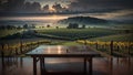 Wooden table served as a rustic centerpiece, offering a charming view of the sprawling farm and nearby house bathed in the warm