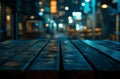 A wooden table is set against a softly blurred background of restaurant lights in the background Royalty Free Stock Photo