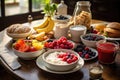 Wooden Table Set With Variety of Delicious Food Plates, Rich and delectable breakfast spread on a table featuring oatmeal,