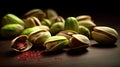 Wooden table with several pistachios and peanuts on it. Some of nuts are open, while others remain closed. There is