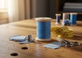 Wooden table with sewing tools and Royalty Free Stock Photo