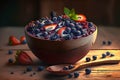 AÃ§aÃ­ bowl with fruits on a wooden table, Generative AI Royalty Free Stock Photo