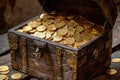 A wooden table showcasing a chest overflowing with gold coins, A treasure chest filled with golden coins, symbolizing wealth, AI