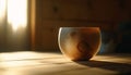 wooden table with a single pottery bowl and coffee cup generated by AI