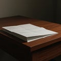 A wooden table with a smooth, polished surface holds a stack of documents. The visi Royalty Free Stock Photo