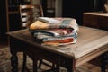 a wooden table with a stack of books and a beautiful napkin in the middle