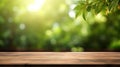 wooden table stage background and nature green blur bokeh Royalty Free Stock Photo