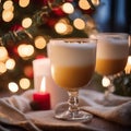 A wooden table with a stemmed glass of white wine and two lit candles during Yule Royalty Free Stock Photo