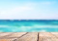 Wooden table with summer blue sea and sky background view.Macro.AI Generative Royalty Free Stock Photo