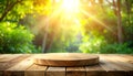 Wooden Table and Sunlit Forest Background Royalty Free Stock Photo