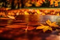 Wooden table surface at autumn fall forest. Beautiful sunny autumn day. Perfect seasonal display template, generative ai Royalty Free Stock Photo