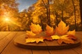 Wooden table surface at autumn fall forest. Beautiful sunny autumn day. Perfect seasonal display template, generative ai Royalty Free Stock Photo